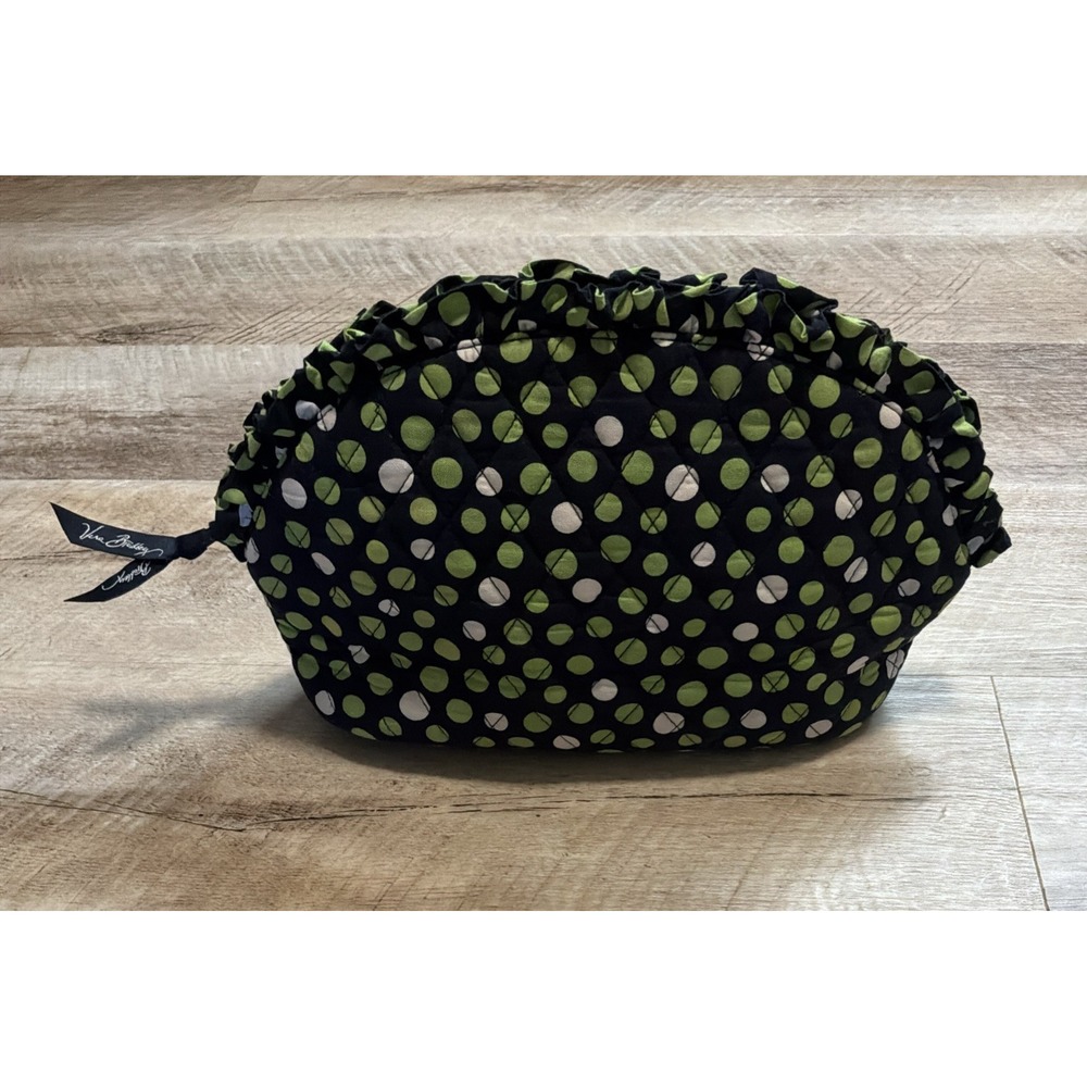Vera Bradley Makeup Bag Pouch Travel Cosmetics Bag Quilted Navy Green Polka Dot